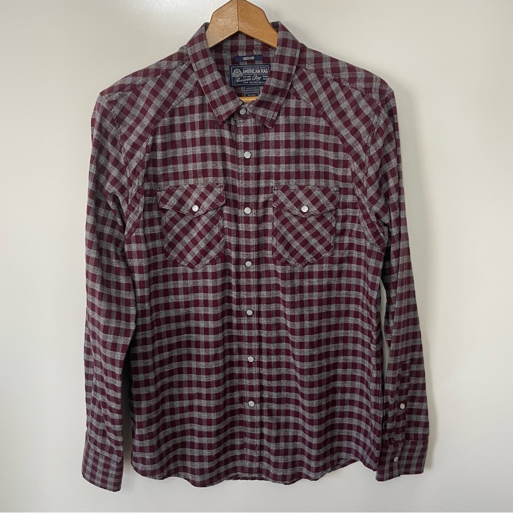 American Rag Western Snap Button Shirt Maroon Long Sleeve Mens M Cowboy Workwear